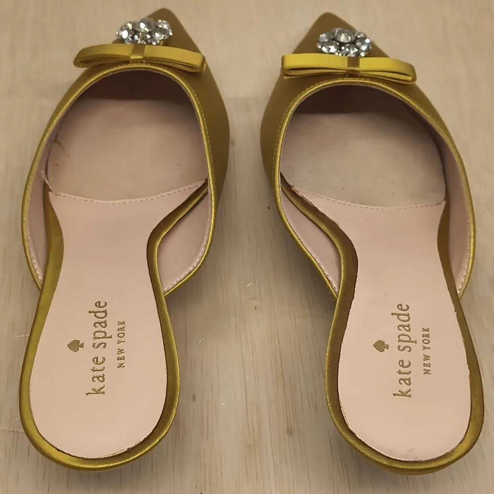 Kate Spade Darlene Yellow Satin Bow Jewel Pointed Toe Kitten Heel Mules Size 8 - Picture 5 of 12
